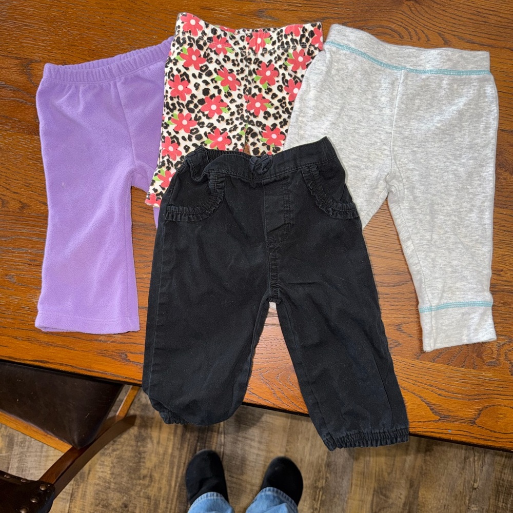 Set of Four Baby Pants - Black, Gray, Purple, Floral
